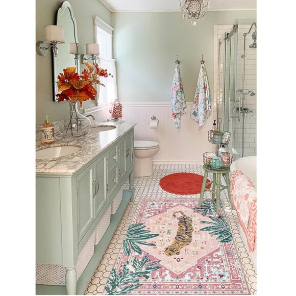 Tropical Pink Faux Wool Boho Throw Rug – Washable Non-Slip Vintage Accent Rug - Picture 2 of 7